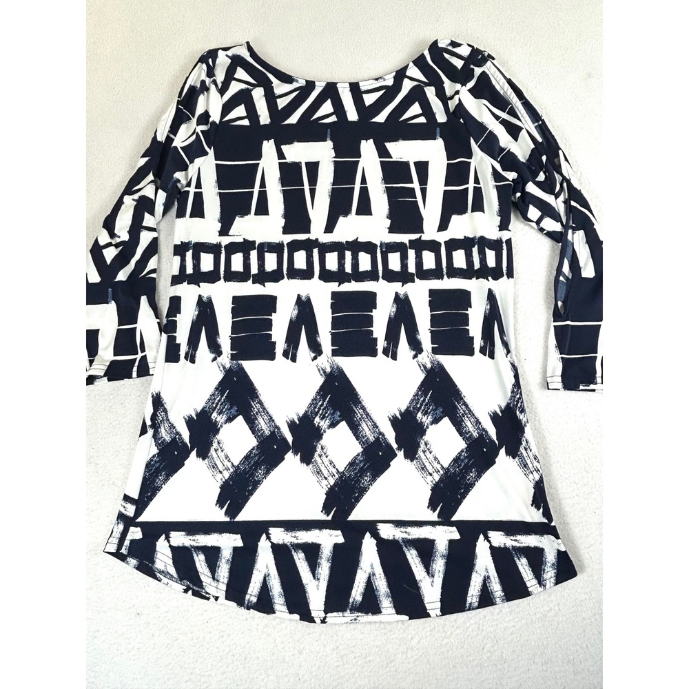 Peck & Peck T-Shirt Women Small Navy White Geometric Cold Shoulder Modern
